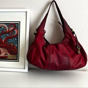 Fossil Red Hand Tooled Hobo Bag and Free Matching Wallet